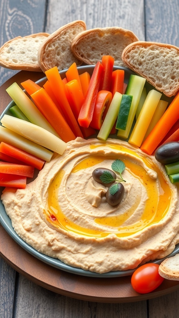 A colorful Mediterranean hummus platter with an array of fresh vegetables and pita bread.