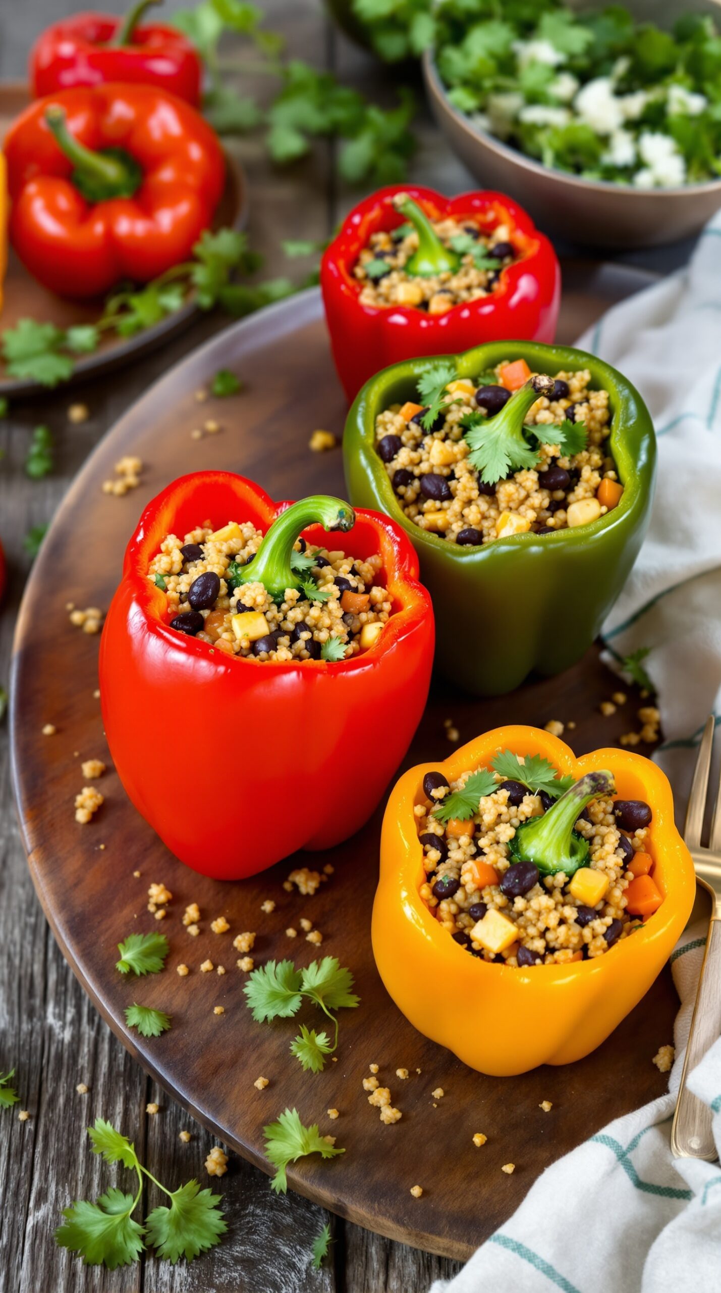 Colorful stuffed peppers filled with quinoa and black beans on a wooden serving plate.