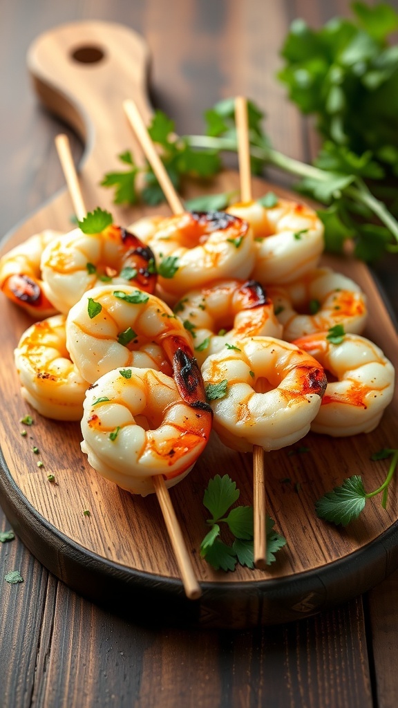 A platter of garlic butter shrimp skewers garnished with parsley.
