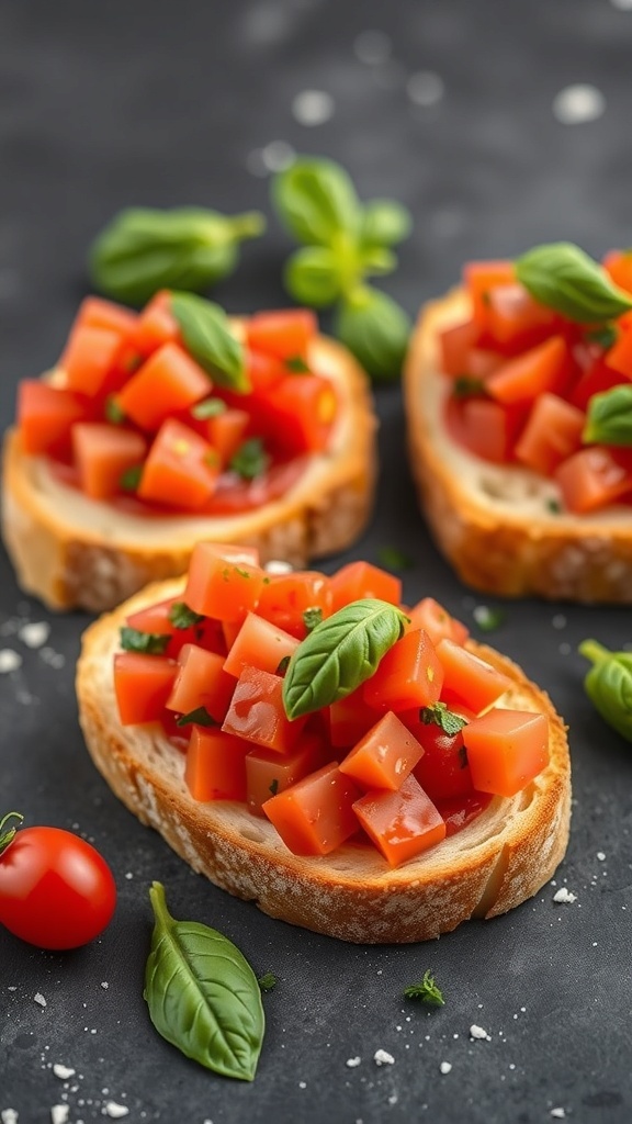 A platter of classic bruschetta topped with diced tomatoes and fresh basil on toasted baguette slices