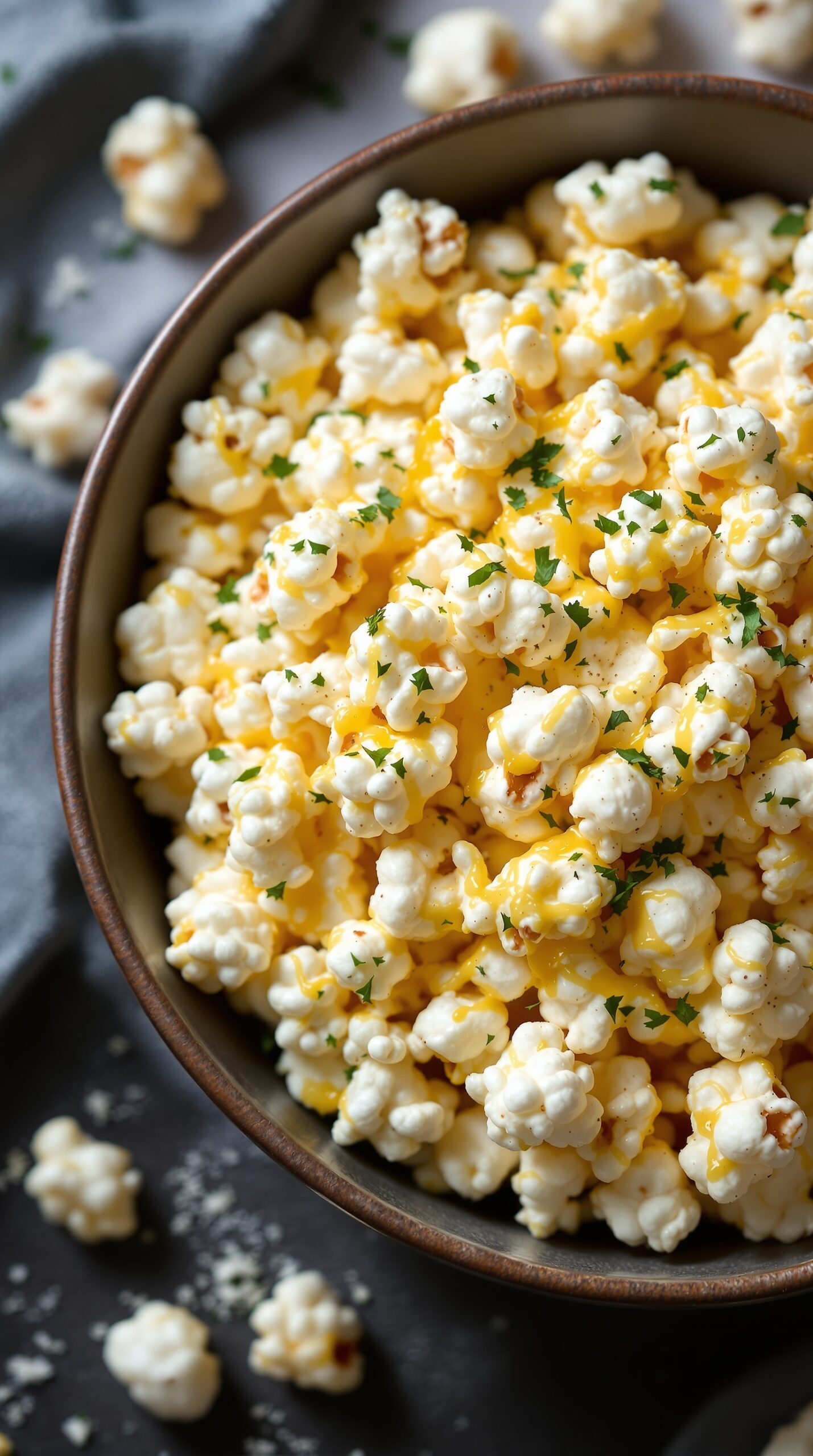 A bowl of Garlic Parmesan popcorn garnished with parsley, looking delicious and ready to eat.