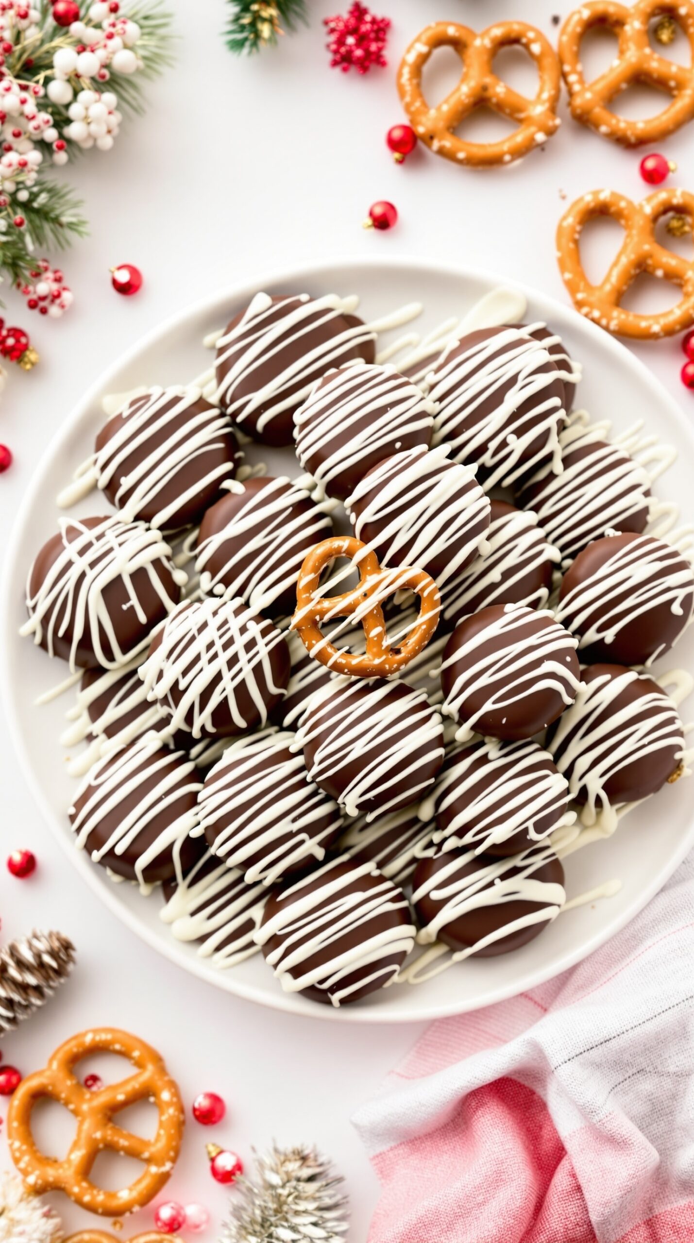 Chocolate-covered pretzel bites with white chocolate drizzle, perfect for parties.