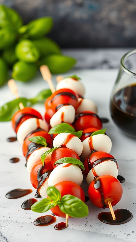 Caprese skewers with cherry tomatoes, mozzarella balls, and basil leaves drizzled with balsamic reduction.