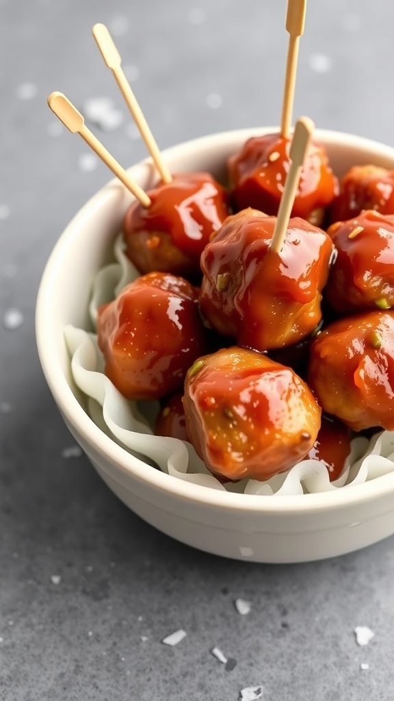 A bowl of sweet and sour meatballs with toothpicks