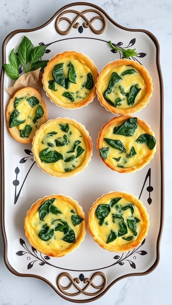 A platter of mini quiches with spinach and cheese.