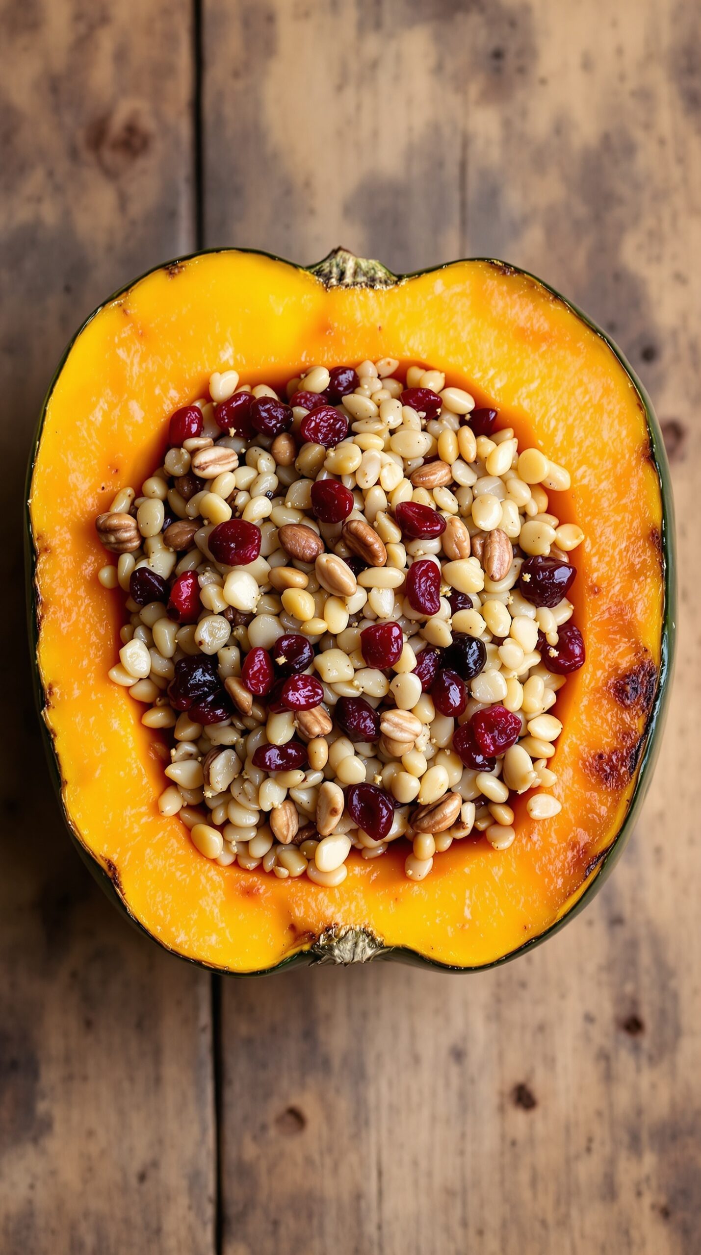 A vibrant acorn squash stuffed with wild rice, cranberries, and nuts, resting on a rustic wooden surface.