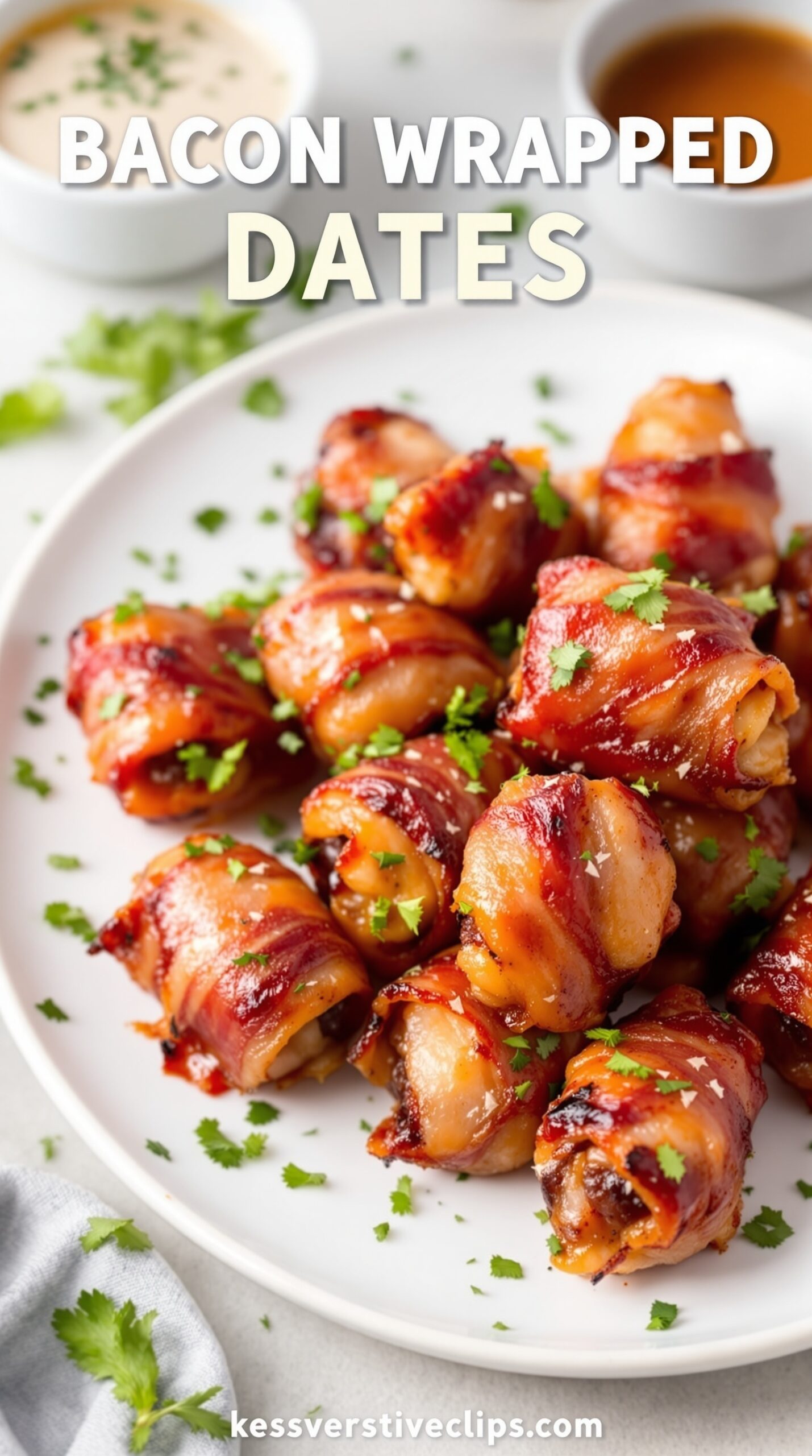 A platter of sweet and spicy bacon-wrapped dates garnished with cilantro