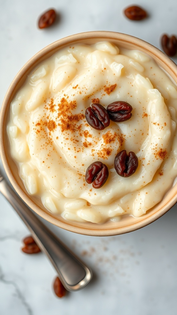 A delicious bowl of classic rice pudding topped with cinnamon and coffee beans.