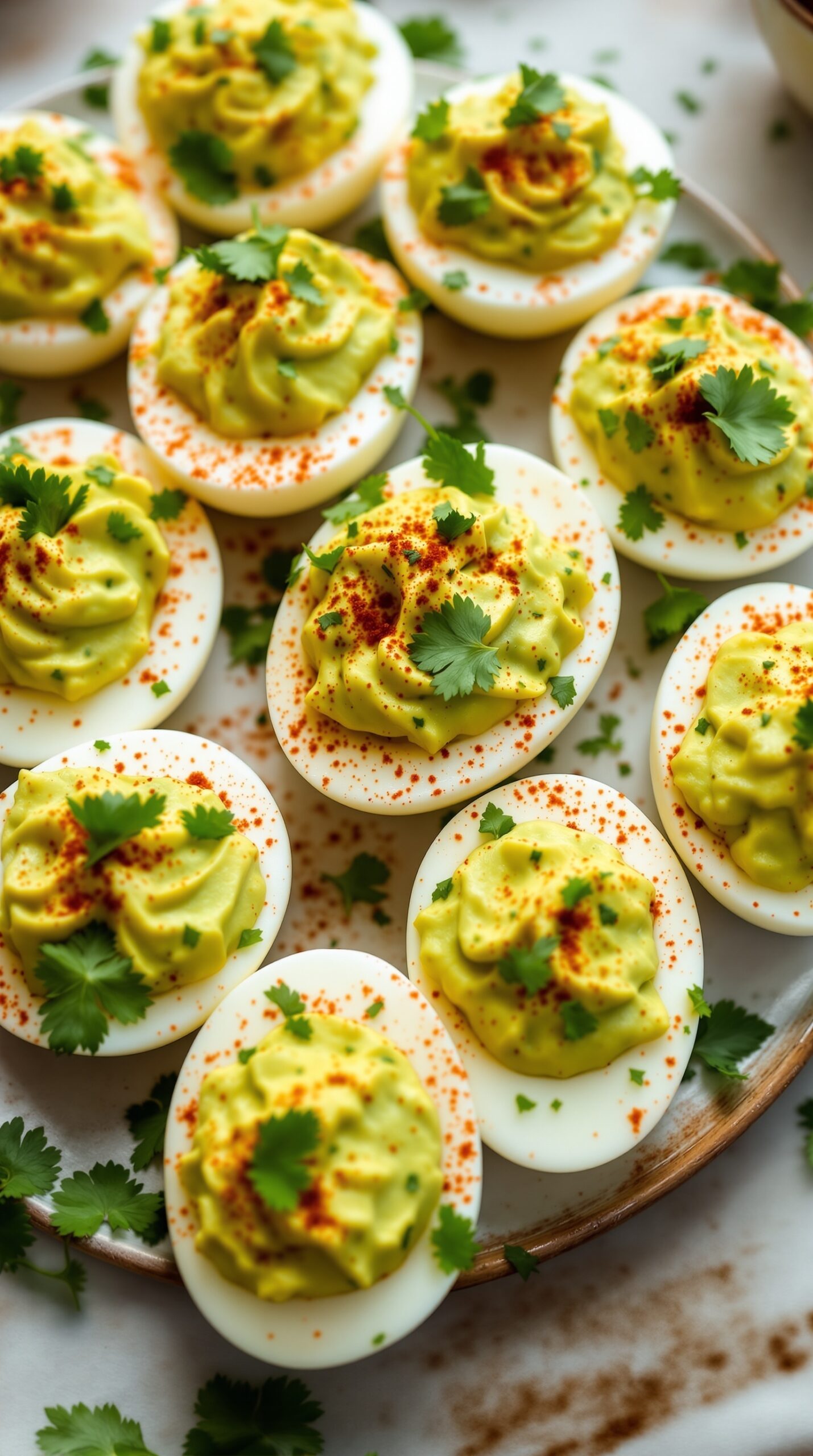 A platter of deviled eggs topped with avocado, cilantro, and paprika.