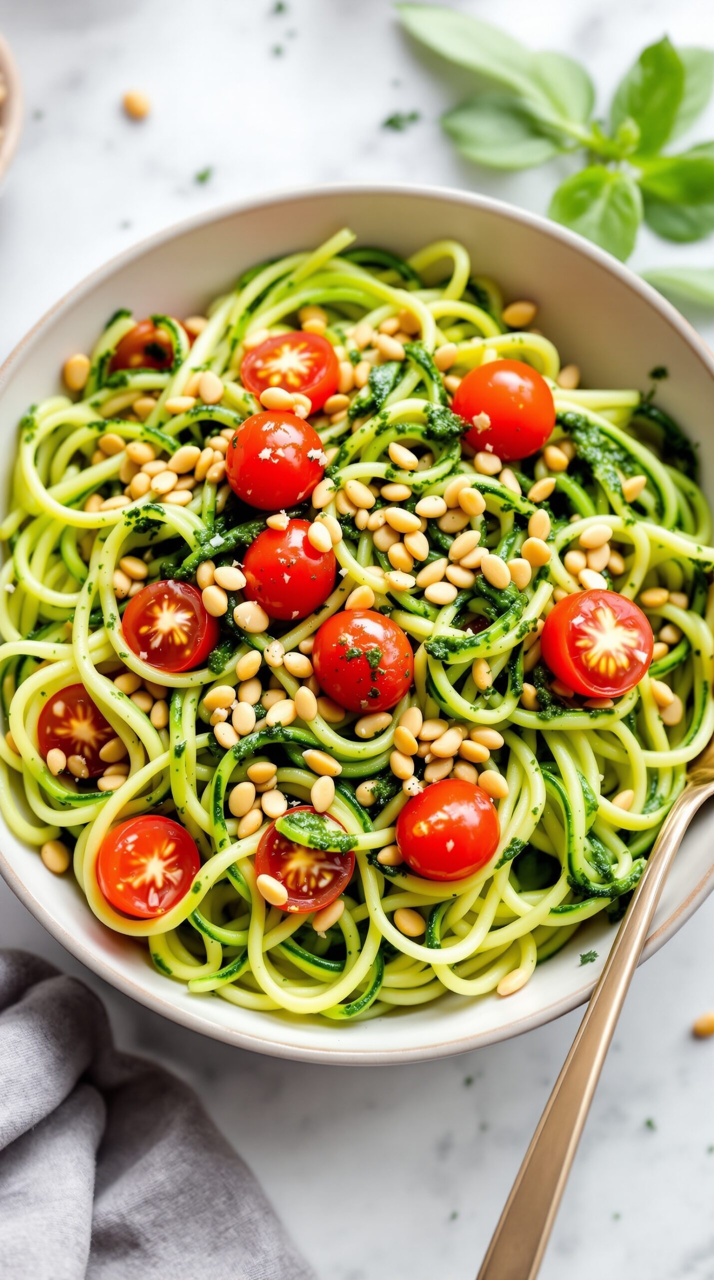 A bowl of zucchini noodles topped with pesto, cherry tomatoes, and pine nuts.