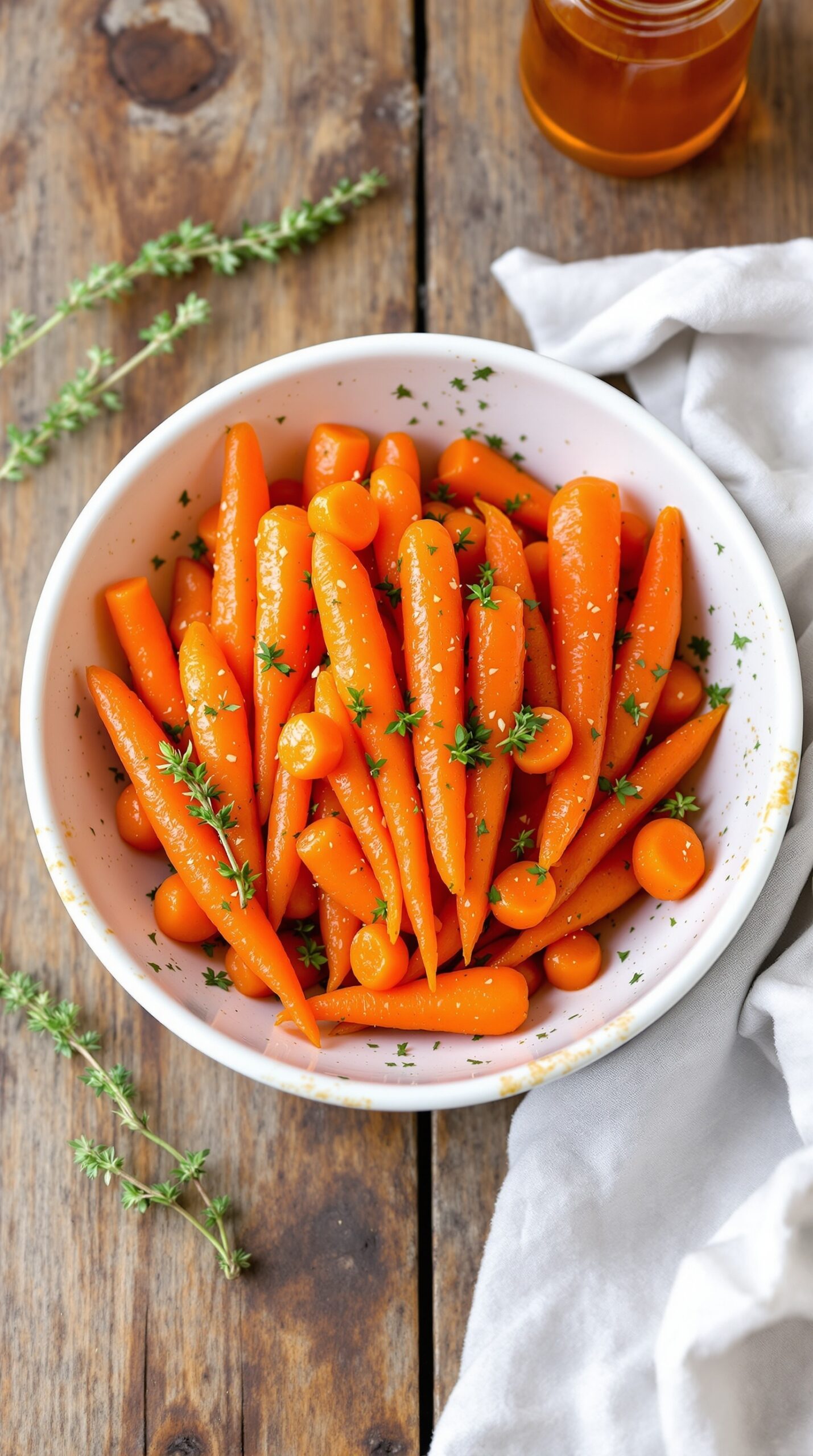 A dish of honey-glazed carrots garnished with thyme leaves.
