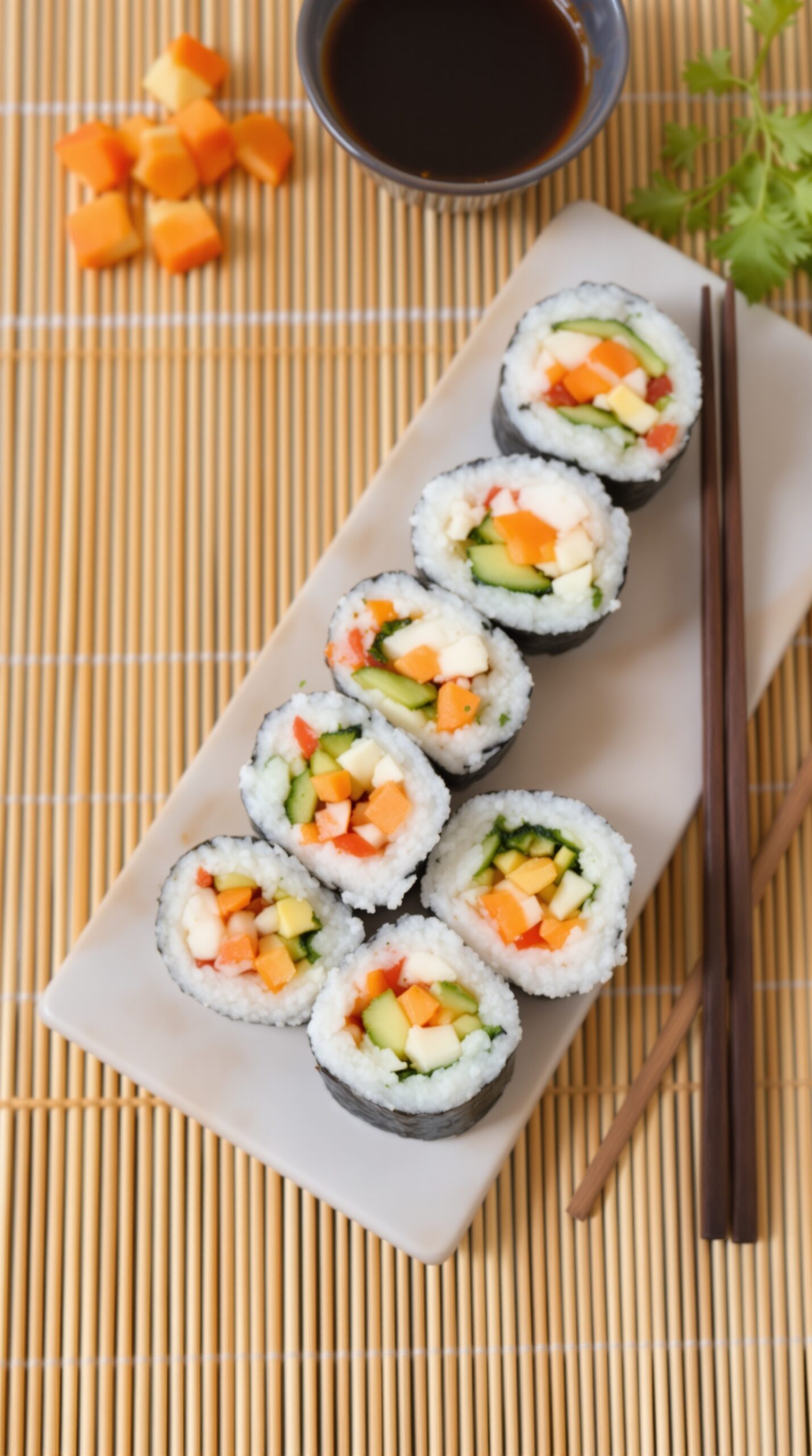 Delicious veggie sushi rolls with various fresh vegetables, served with soy sauce