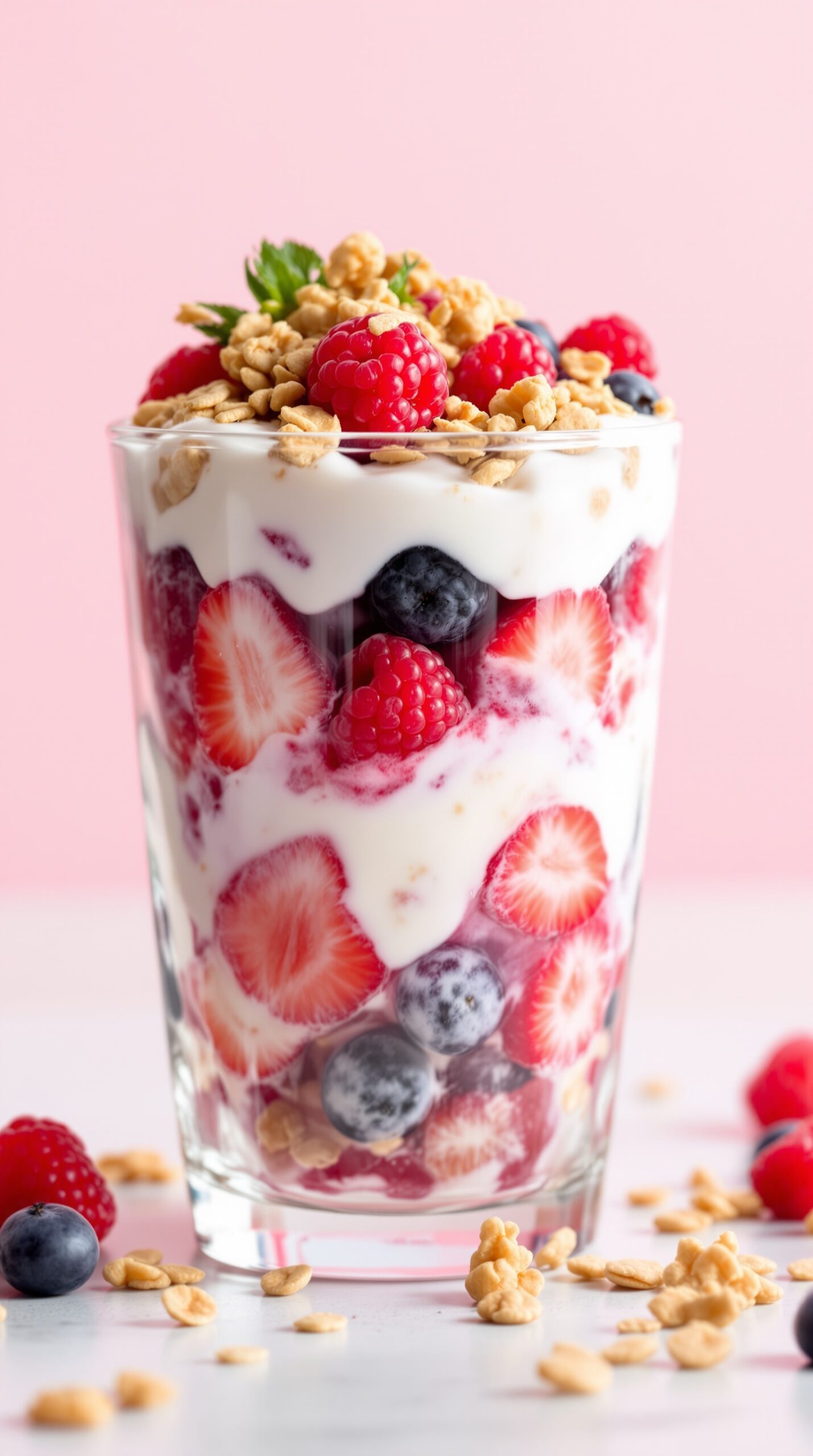 A colorful fruit and yogurt parfait with layers of yogurt, strawberries, blueberries, and raspberries, topped with granola.