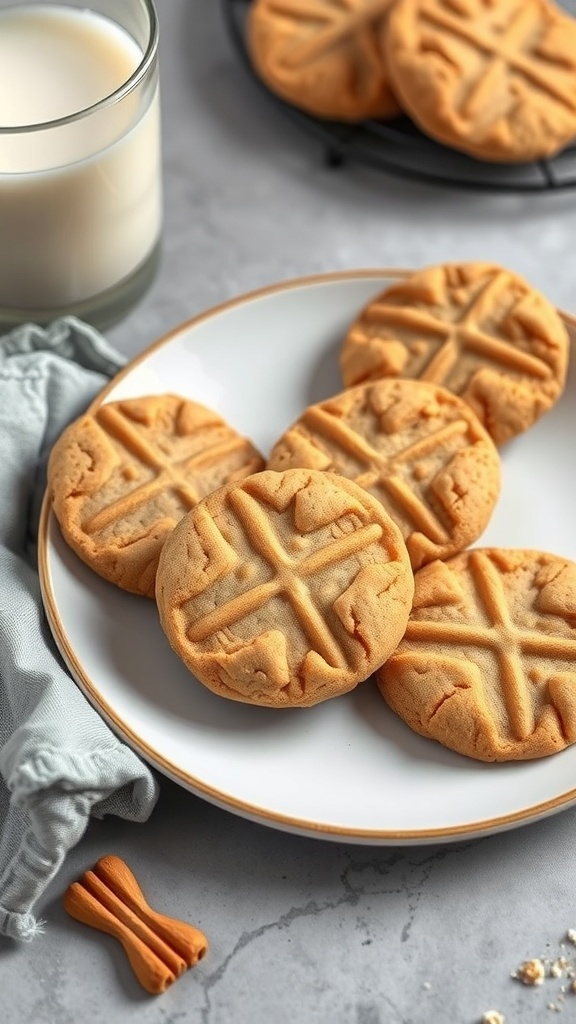 A plate of peanut butter cookies with a glass of milk.