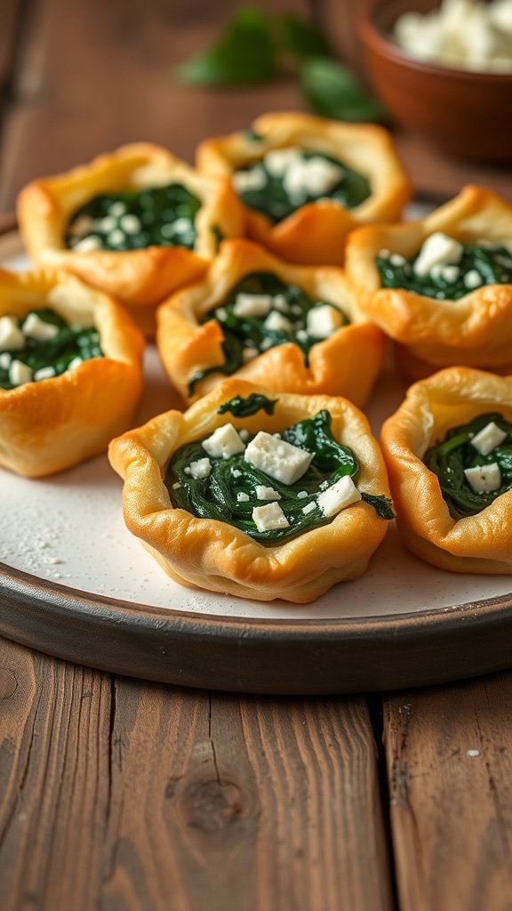 Savory spinach and feta puff pastry bites arranged on a plate, with a rustic wooden background