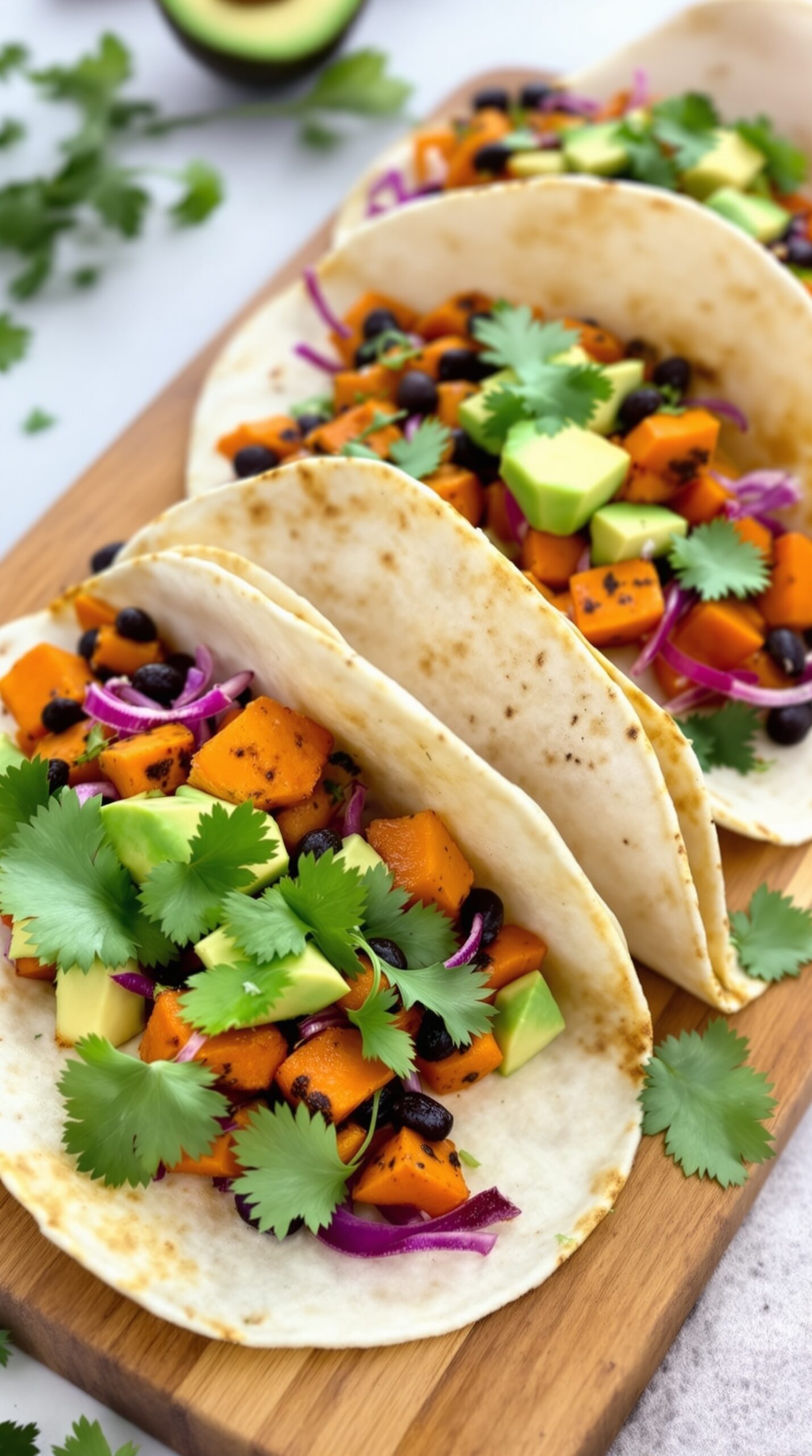 Sweet Potato and Black Bean Tacos with Avocado and Cilantro