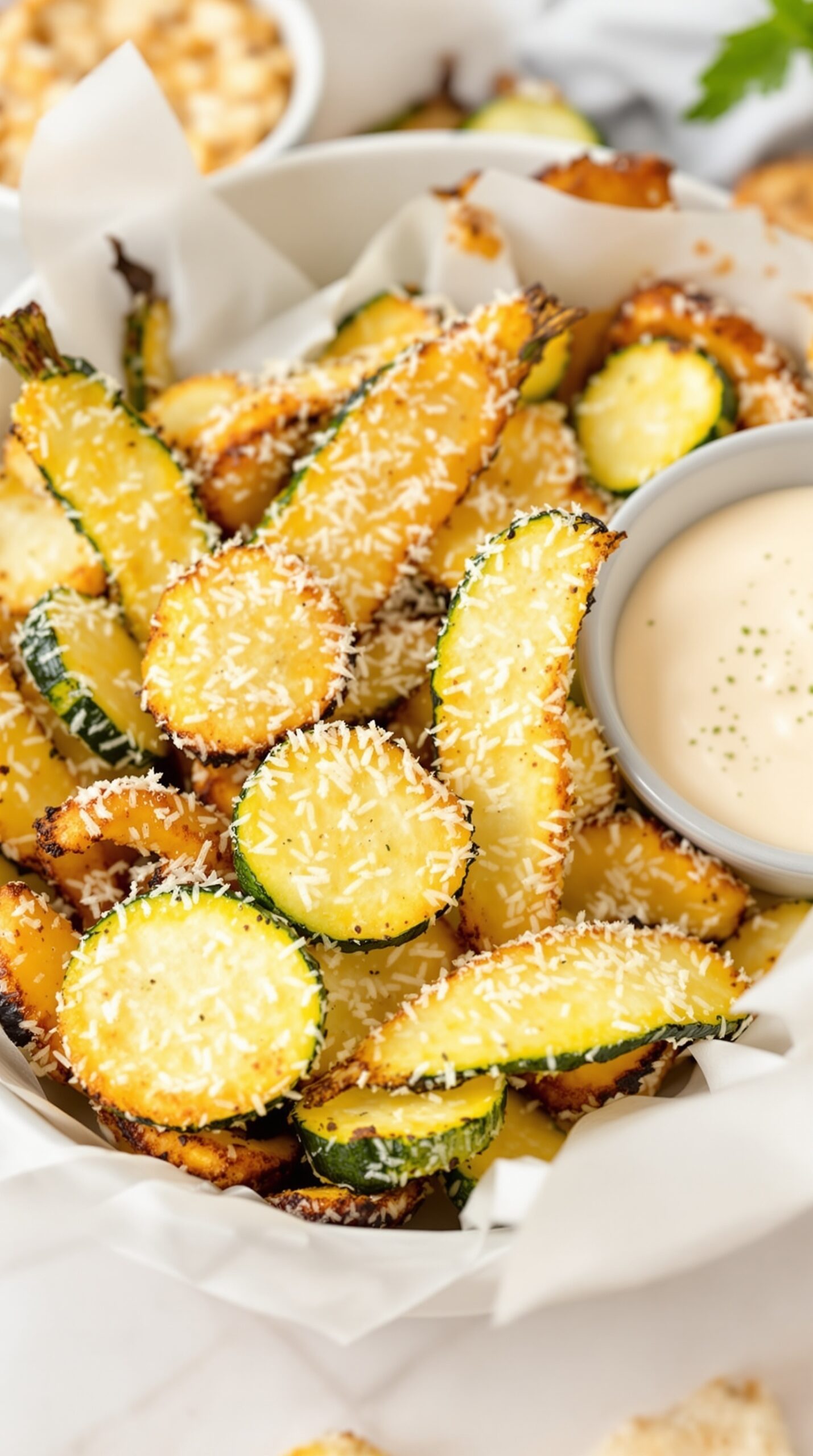 A bowl of crispy baked parmesan zucchini fries with a small bowl of dipping sauce.