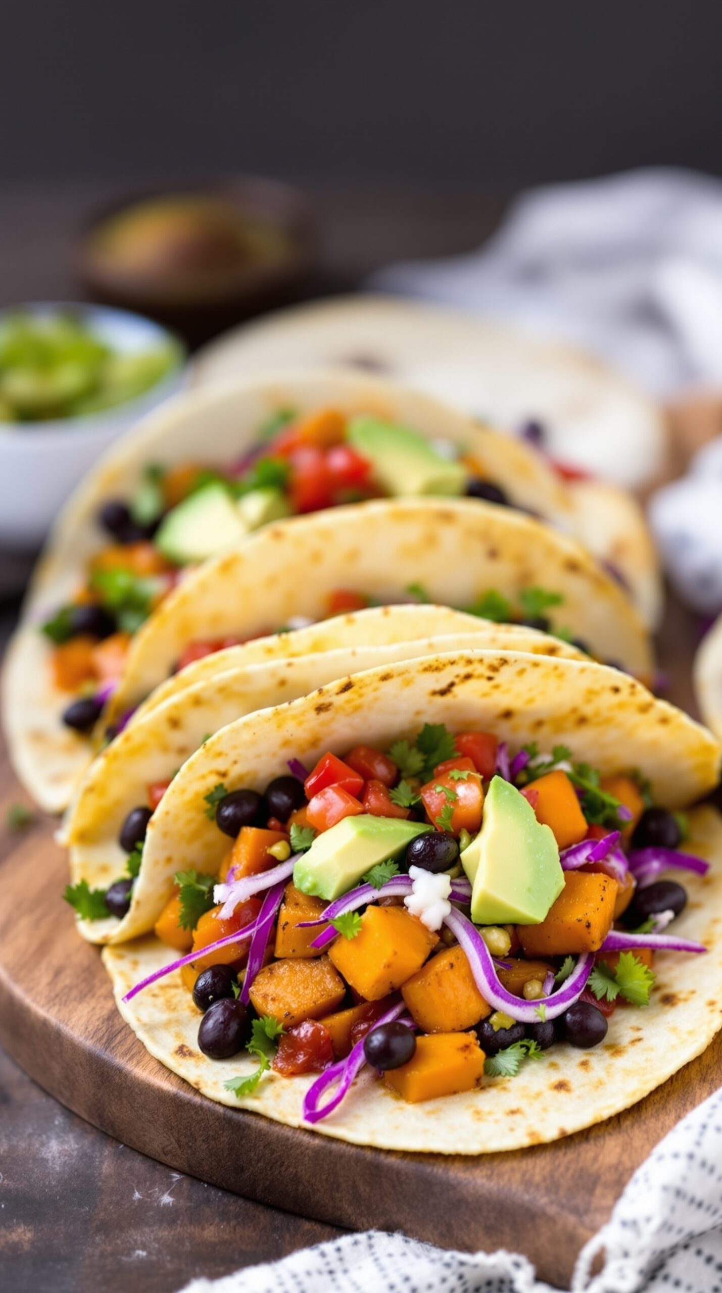 Colorful sweet potato and black bean tacos on a wooden surface, topped with avocado, tomatoes, and cilantro.