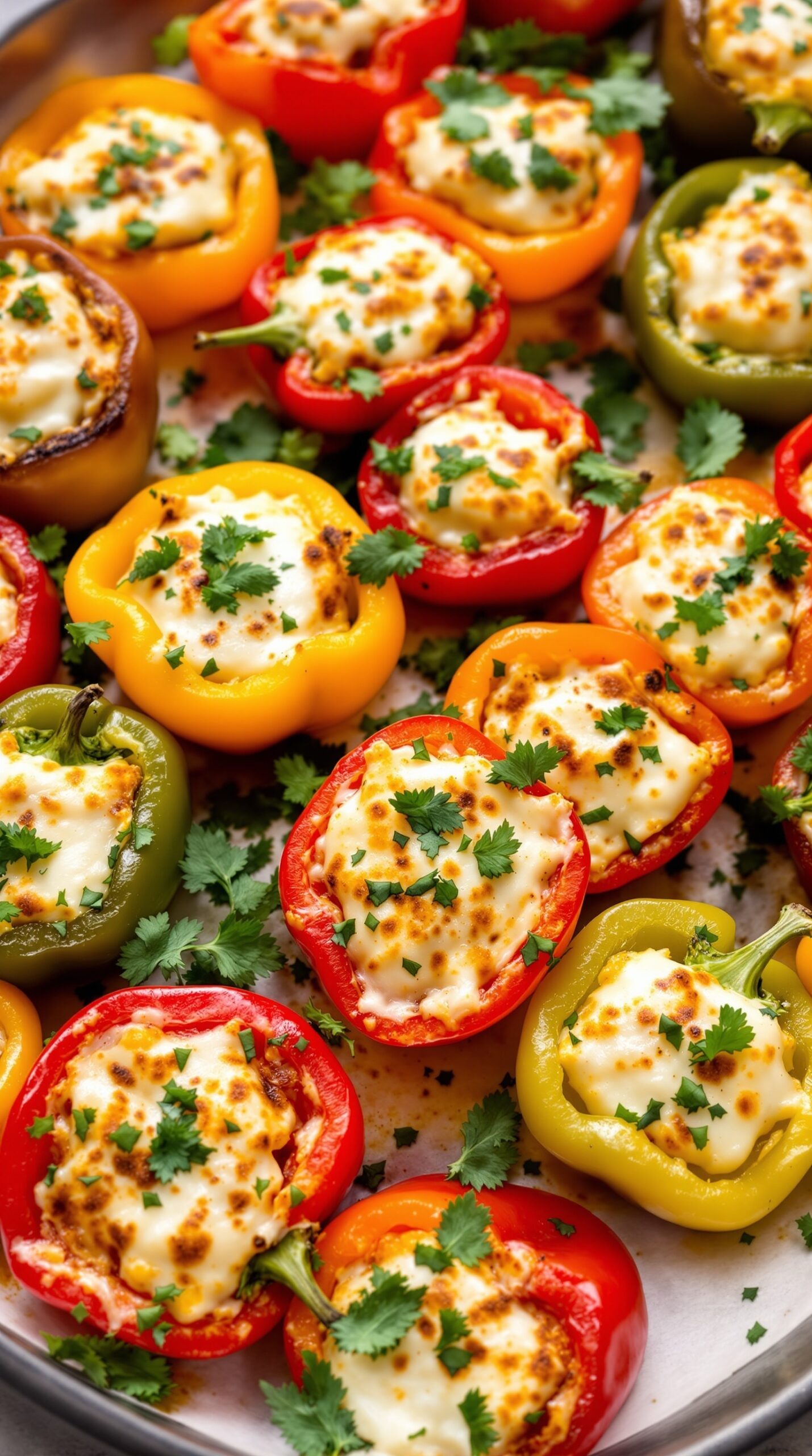 Plate of savory cheese and herb stuffed mini peppers, garnished with fresh herbs.