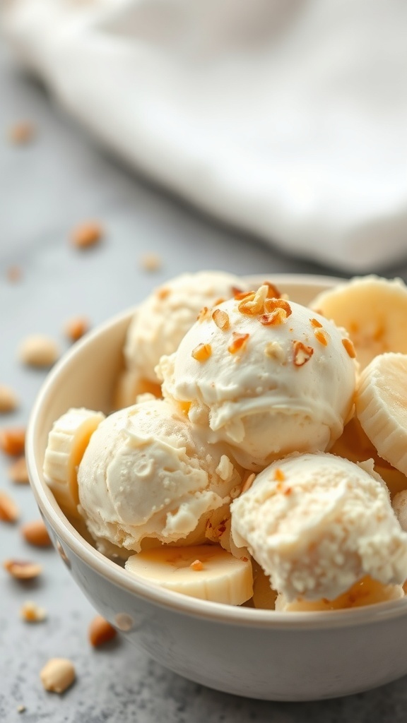 A bowl of creamy banana ice cream with chopped nuts on top.