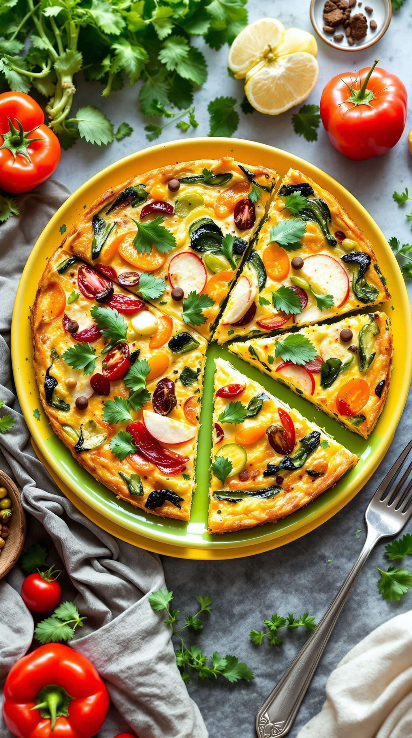 A colorful spring vegetable frittata topped with fresh herbs, sliced and served on a yellow plate, surrounded by fresh vegetables.