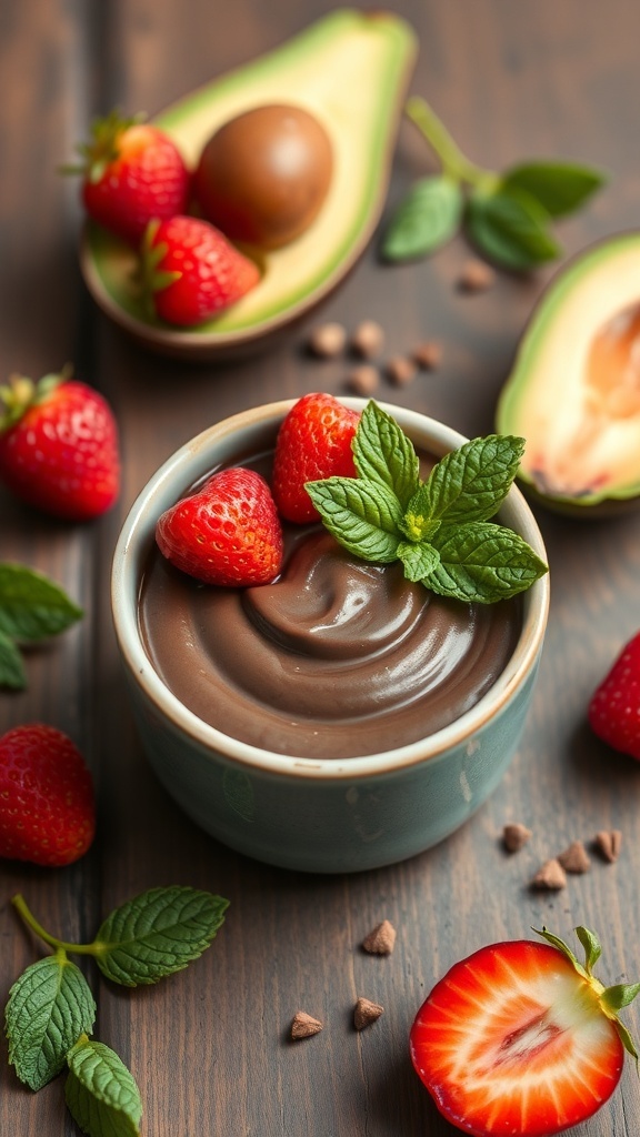 Creamy chocolate avocado pudding topped with fresh strawberries and mint on a wooden table.