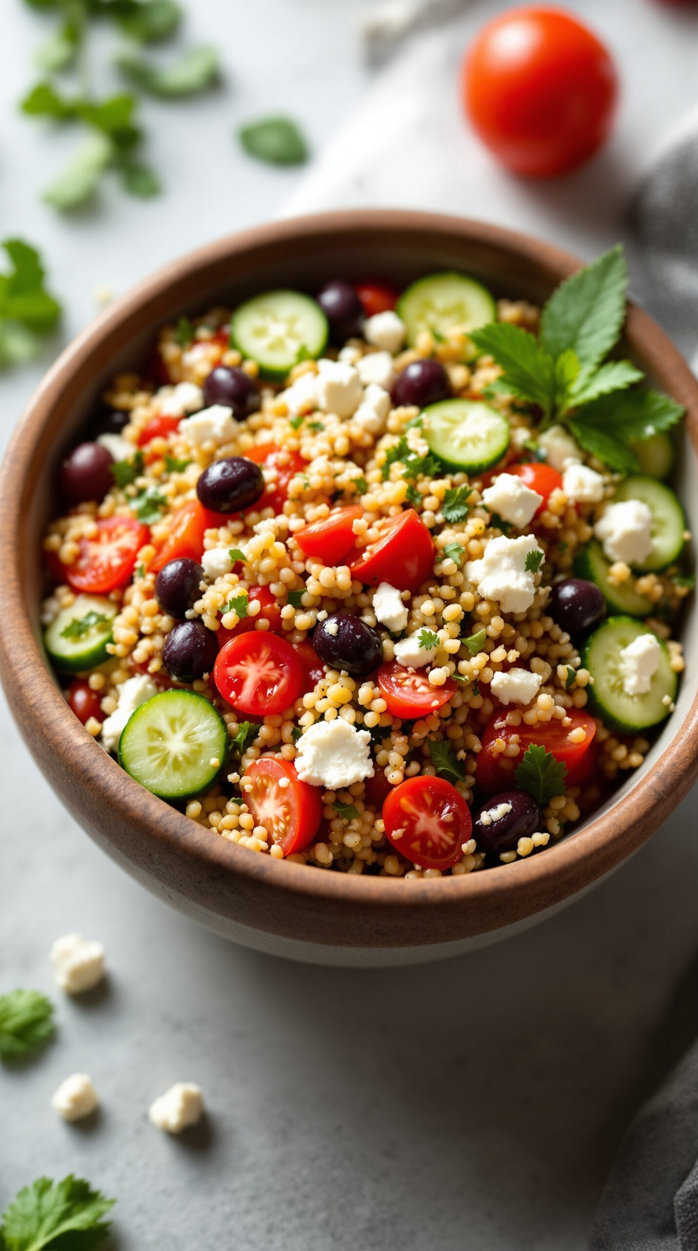 Colorful Mediterranean Quinoa Salad in a wooden bowl, featuring quinoa, cherry tomatoes, cucumber, black olives, and feta cheese.