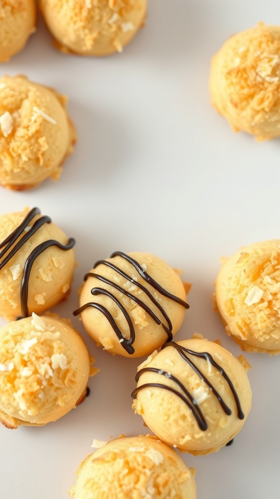 Delicious coconut macaroons with chocolate drizzle on top, arranged on a light background.