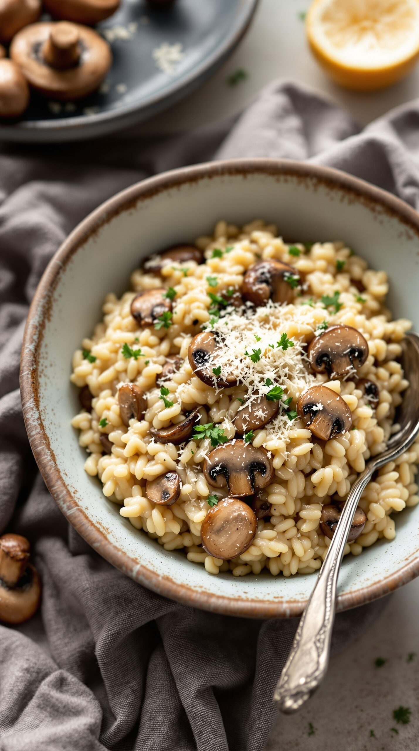 A bowl of creamy mushroom risotto topped with Parmesan cheese garnished with chopped parsley, with fresh mushrooms in the background.