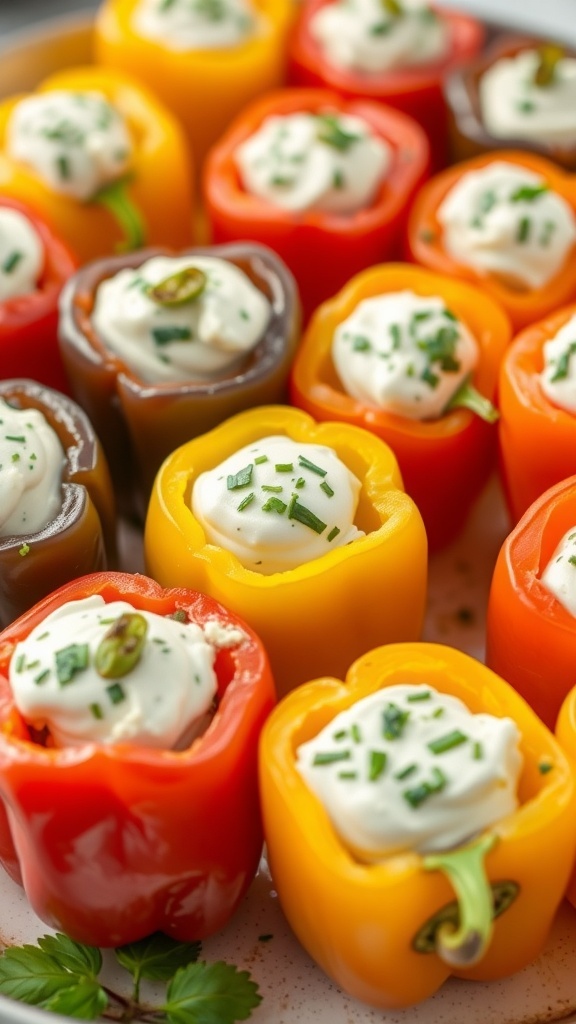 A colorful array of stuffed mini peppers filled with cream cheese and topped with chives.