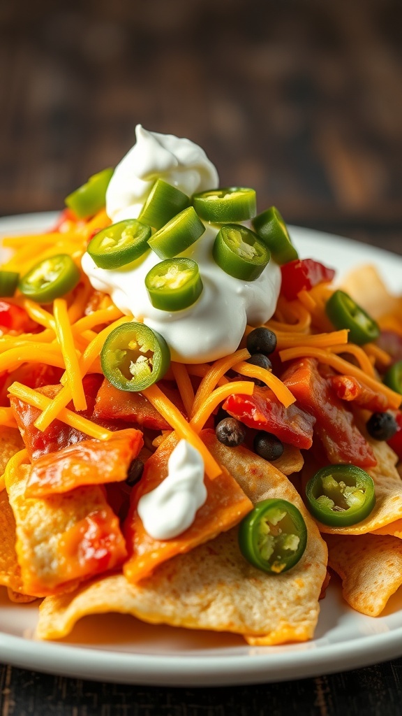 A plate of loaded nachos topped with jalapeños, cheese, and sour cream