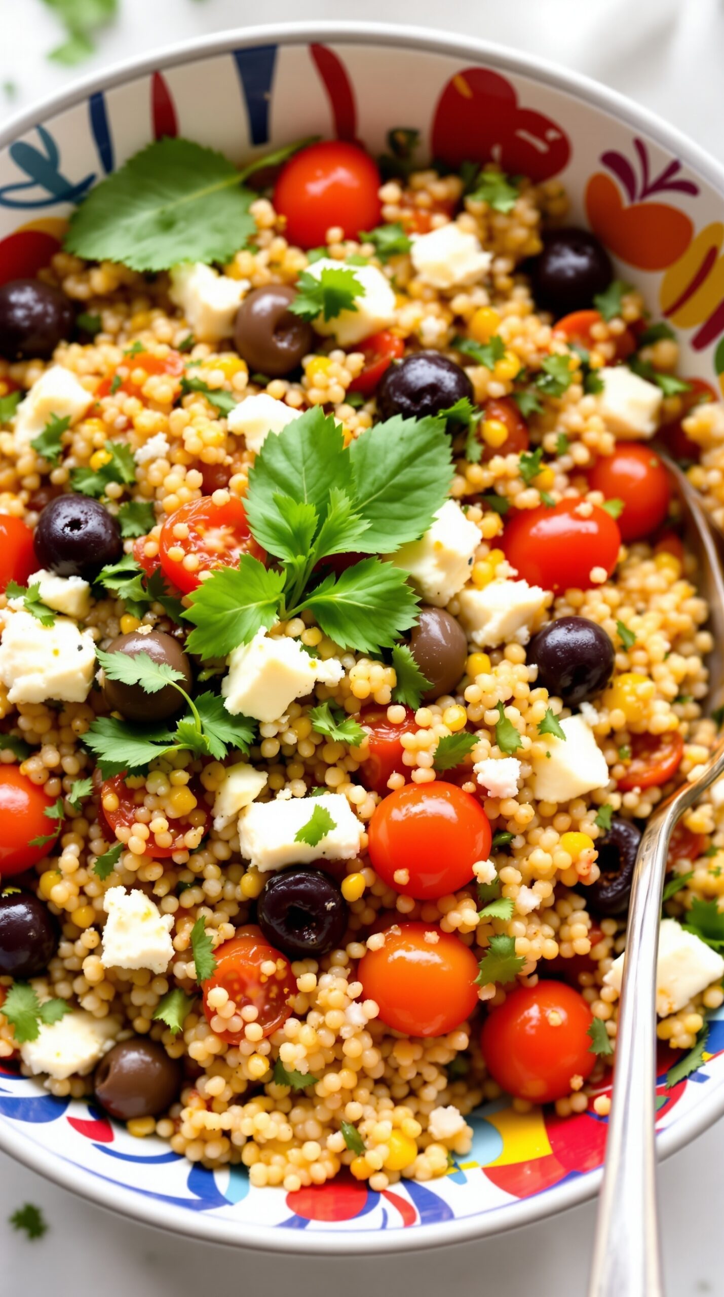 A bowl of colorful Mediterranean quinoa salad featuring quinoa, cherry tomatoes, olives, feta cheese, and fresh herbs.