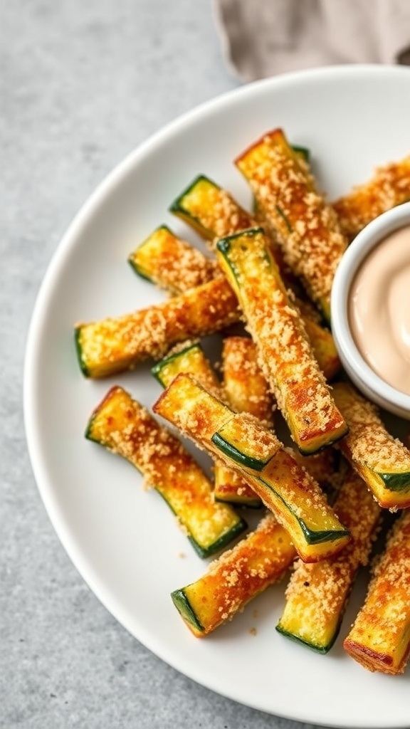 A plate of crispy Parmesan zucchini fries served with a dipping sauce