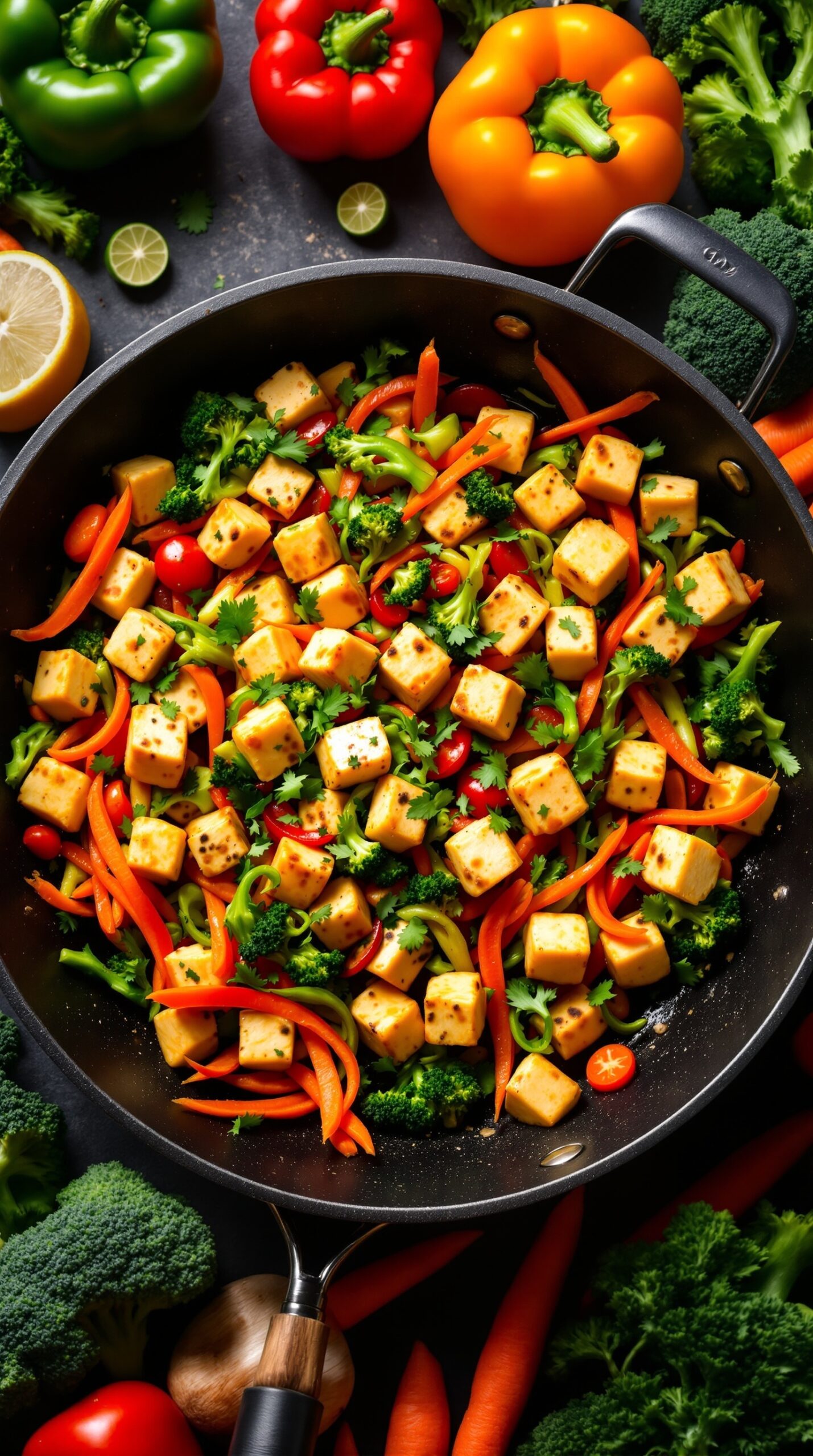 A colorful vegetable stir-fry with tofu in a skillet, featuring bright peppers, broccoli, and cherry tomatoes garnished with cilantro.
