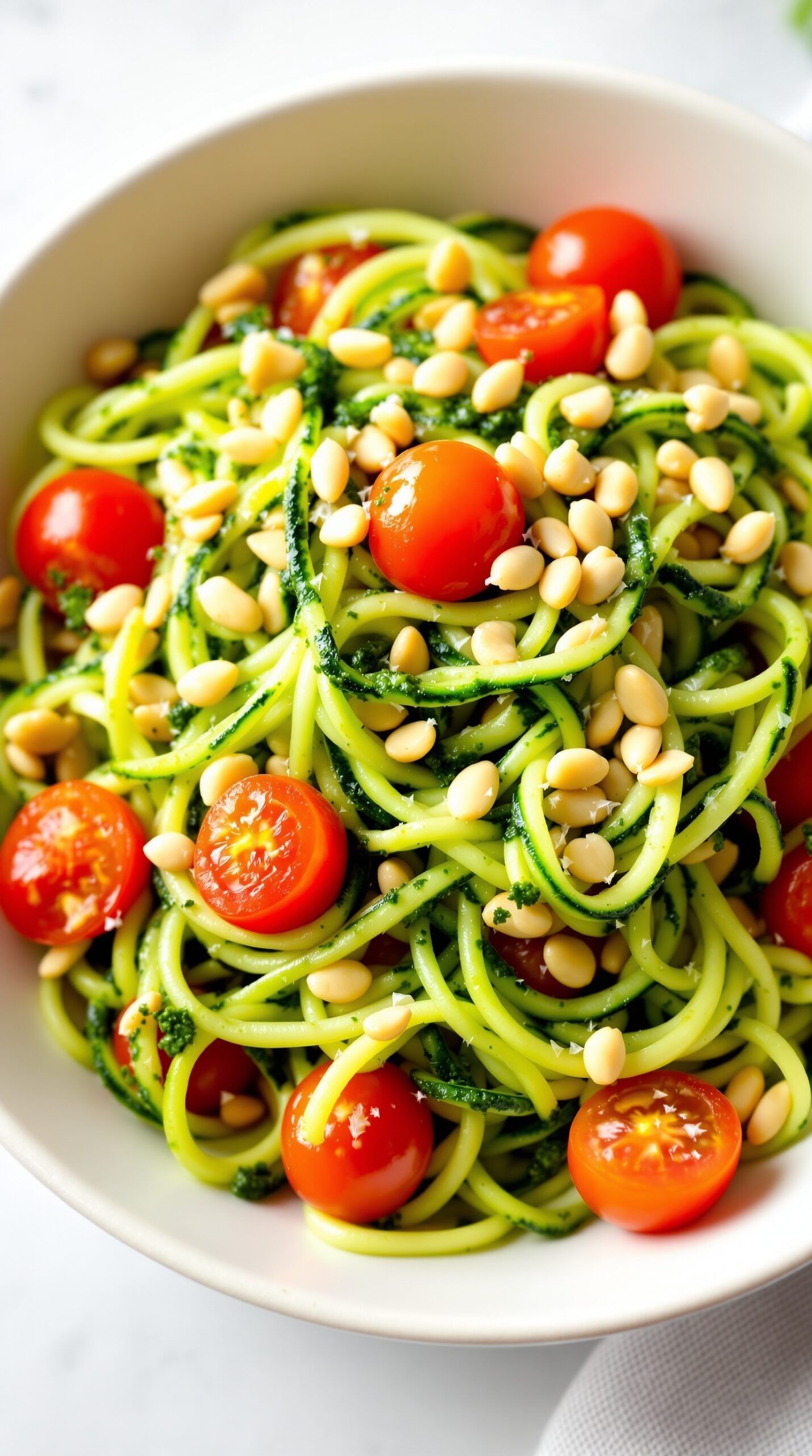 A bowl of zucchini noodles with pesto, cherry tomatoes, and pine nuts.