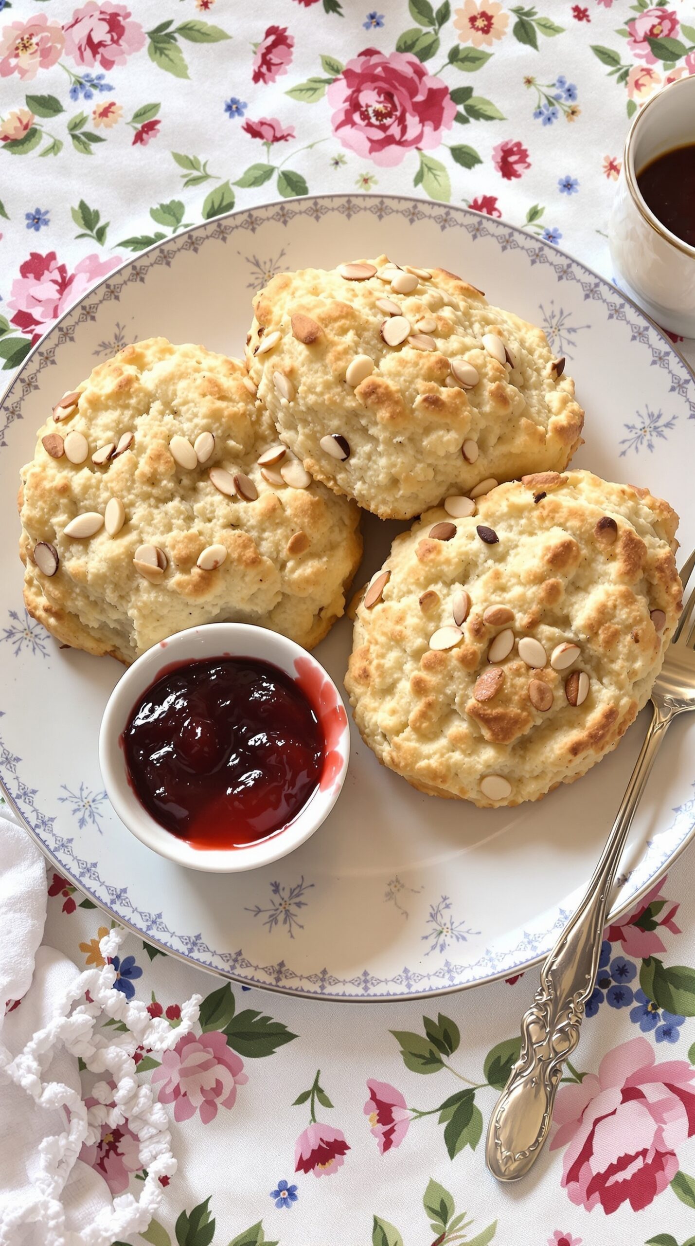 Vanilla almond scones on a plate with a bowl of jam and a floral tablecloth
