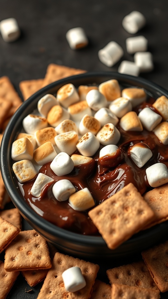 A warm bowl of s'mores dip topped with melted marshmallows, surrounded by graham crackers