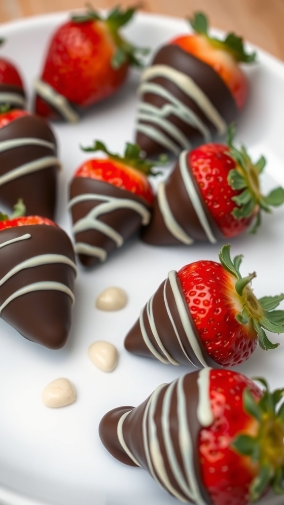 Delicious chocolate-dipped strawberries arranged on a white plate, some drizzled with white chocolate.