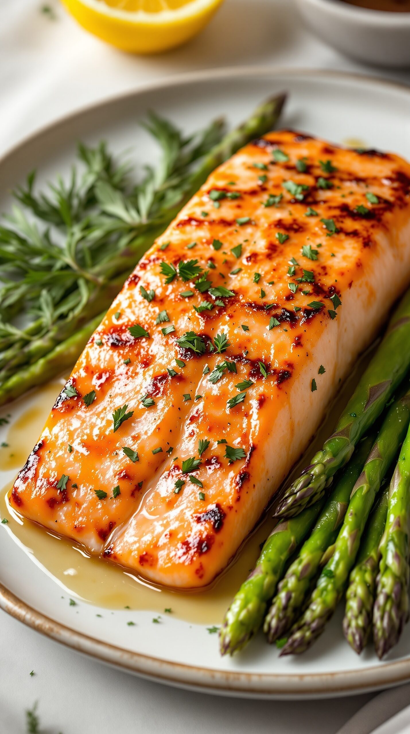 Lemon Herb Grilled Salmon with asparagus on a plate