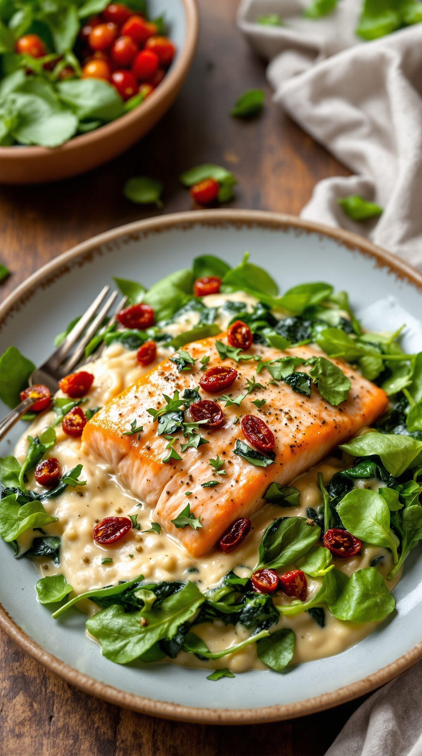 A delicious plate of Creamy Garlic Tuscan Salmon served with spinach and cherry tomatoes.