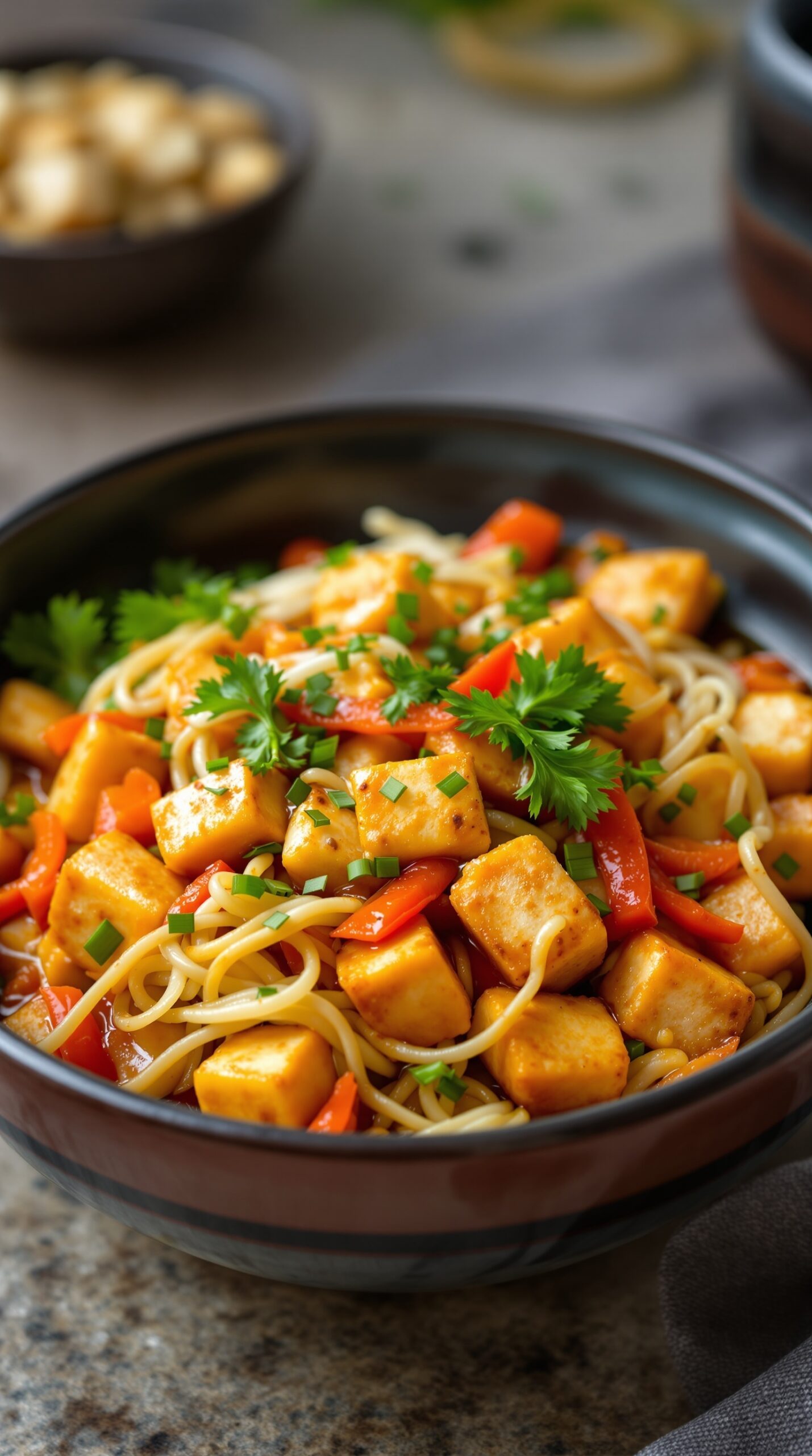 A bowl of stir-fried tofu with vegetables and noodles, garnished with herbs.