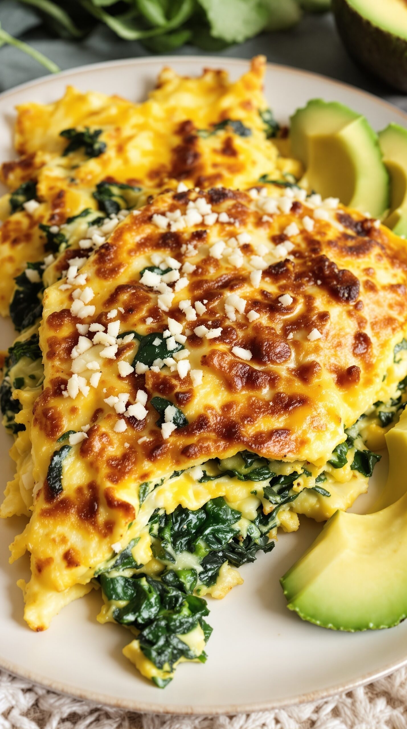 Savory Spinach and Cheese Omelette with avocado slices and topped with cheese